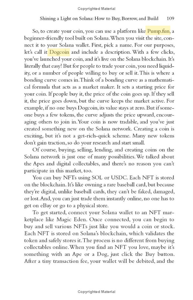 Excerpt from Solana Rising page 109: Pump.fun and Dogcoin as the example coin name